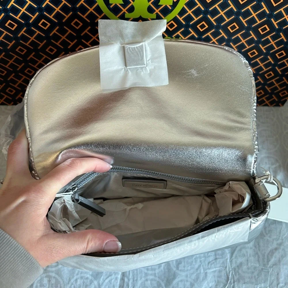 Tory Burch Britten Metallic Puffy Convertible Crossbody Bag Silver